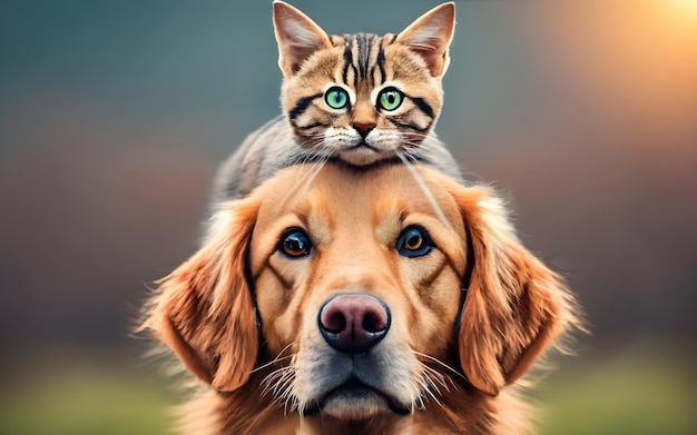 Eine Katze sitzt auf dem Kopf eines Hundes.
