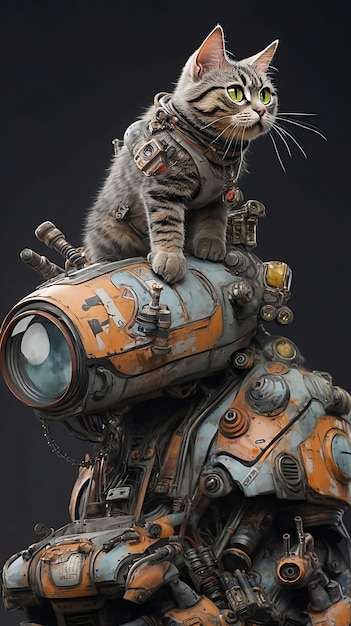Eine Katze sitzt auf dem Kopf eines Roboters