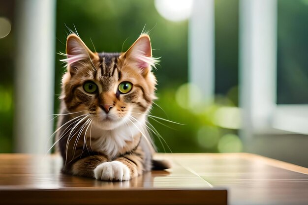 Eine Katze sitzt auf dem Tisch. Realistisch.