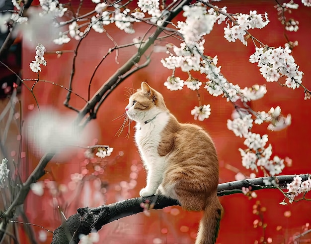 eine Katze sitzt auf einem Baumzweig mit rotem Hintergrund