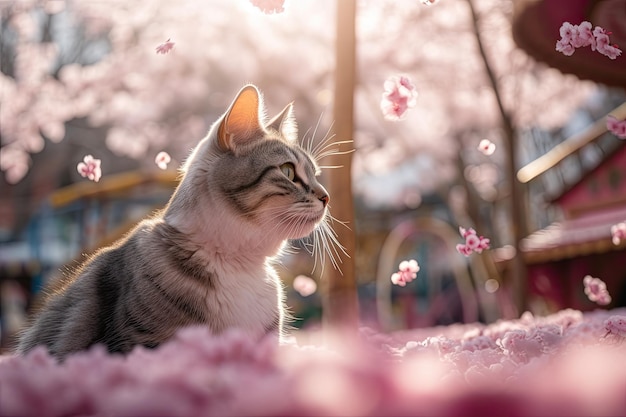 Eine Katze sitzt auf einem Bett mit rosa Blütenblättern im Hintergrund.