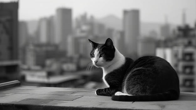 Eine Katze sitzt auf einem Felsvorsprung vor einem Stadtbild.