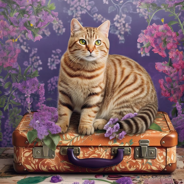 Eine Katze sitzt auf einem Koffer mit lila Blumen im Hintergrund.