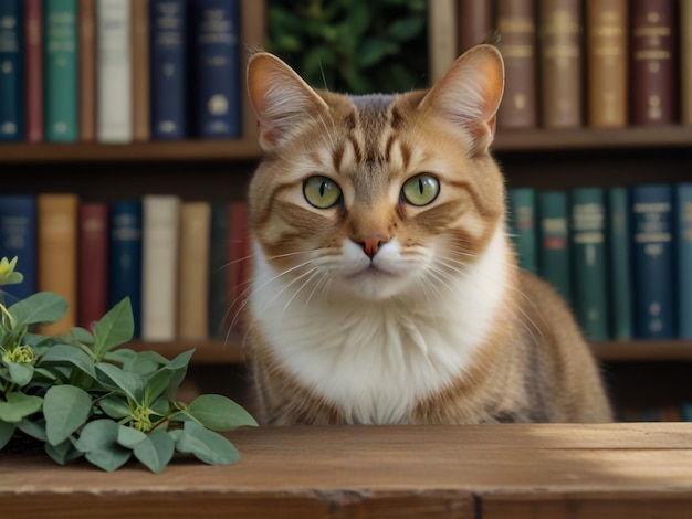 eine Katze sitzt auf einem Regal mit Büchern auf dem Regal