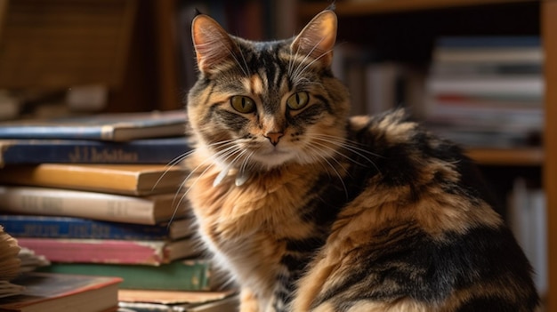 Eine Katze sitzt auf einem Stapel Bücher.