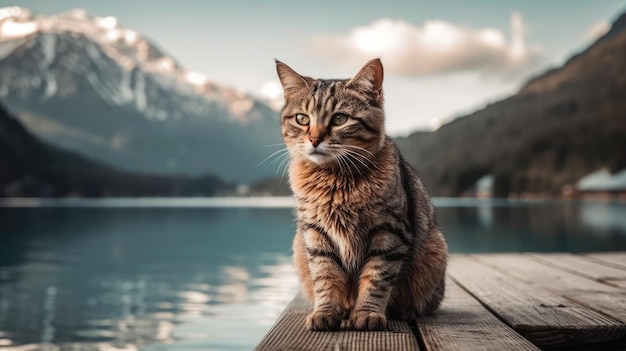 Eine Katze sitzt auf einem Steg vor einem Berg.