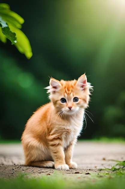 Eine Katze sitzt auf einem Stein vor grünem Hintergrund.