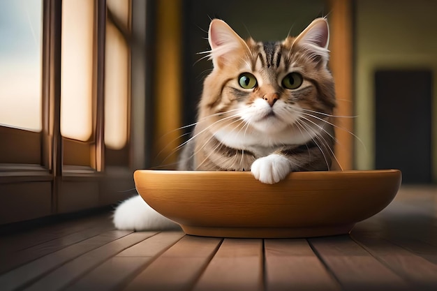 Eine Katze sitzt auf einem Teller und blickt in die Kamera.