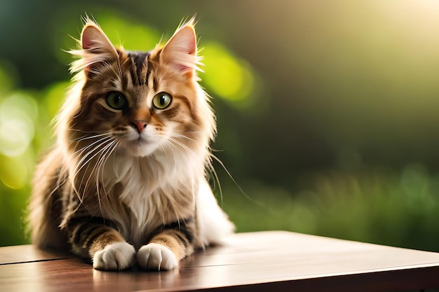 Eine Katze sitzt auf einem Tisch in der Sonne