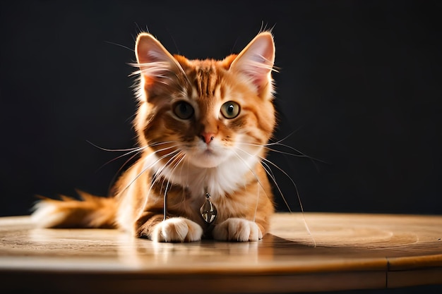 Eine Katze sitzt auf einem Tisch mit schwarzem Hintergrund.