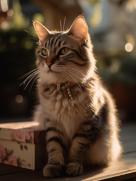 Eine Katze sitzt auf einem Tisch vor einem Blumenarrangement