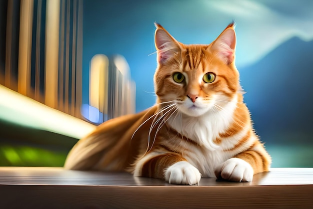 Eine Katze sitzt auf einem Tisch vor einem Gebäude.