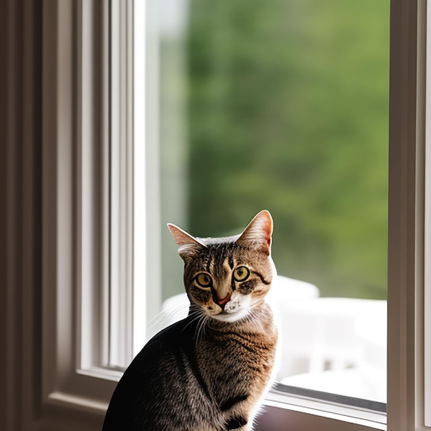 Eine Katze sitzt auf einer Fensterbank vor einem Fenster.