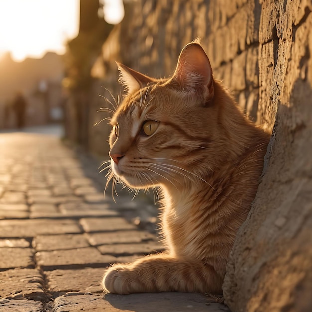 eine Katze sitzt auf einer Ziegelsteinstraße in der Sonne
