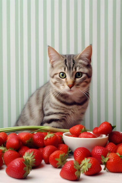 Eine Katze sitzt hinter einer Schüssel mit Erdbeeren.