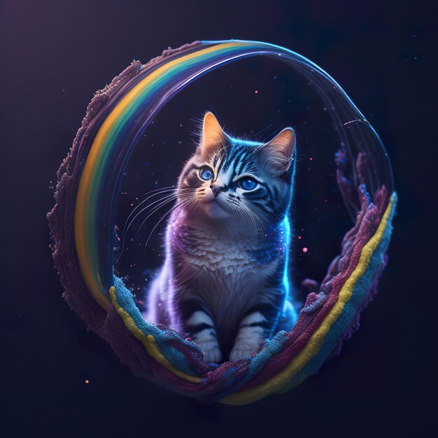 Eine Katze sitzt im Kreis und hat einen Regenbogen darauf.