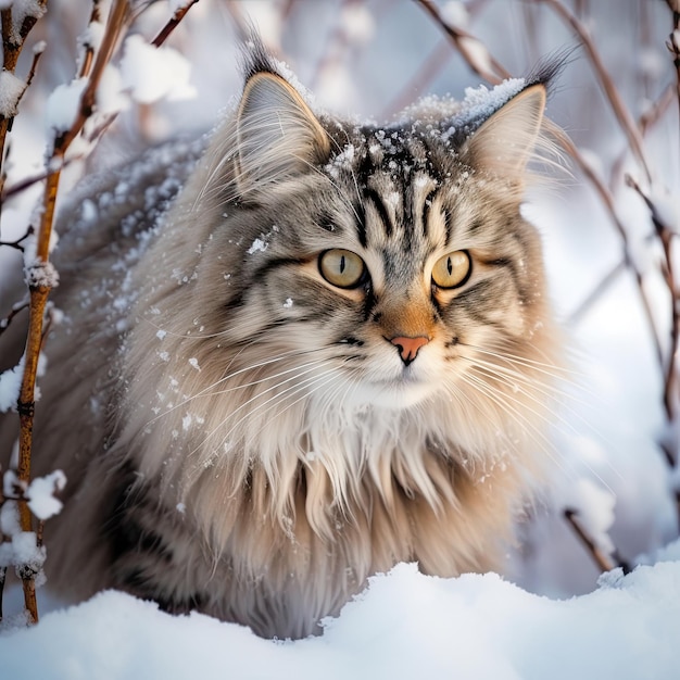 Eine Katze sitzt im verschneiten Wald und blickt in die Kamera