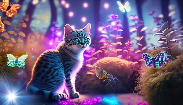 Eine Katze sitzt in einem farbenfrohen leuchtenden Garten. Die Katze sucht nach Arten und leuchtenden Lichtern