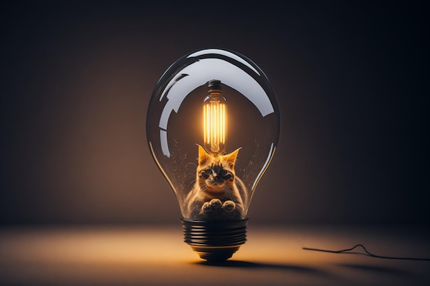 Eine Katze sitzt in einer Glühbirne mit einer Glühbirne im Hintergrund.