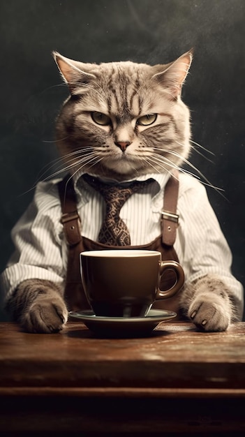 Eine Katze sitzt mit einer Tasse Kaffee an einem Tisch.