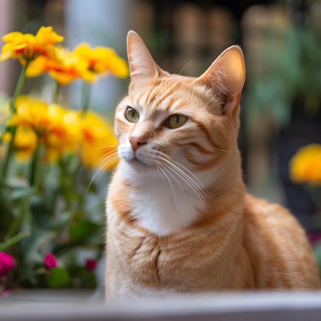 Eine Katze sitzt vor einem Blumenbeet.