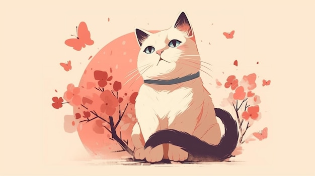 Eine Katze sitzt vor einem blumigen Hintergrund