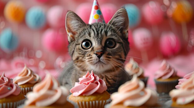Eine Katze sitzt vor einer Anzeige verschiedener Cupcakes und die Katze starrt neugierig