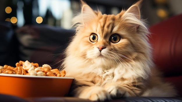 Eine Katze sitzt vor einer Tasse Popcorn und einem Getränk