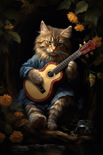 eine Katze spielt Gitarre mit einer Gitarre.