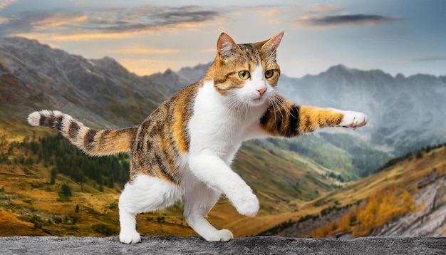eine Katze steht auf einem Berg mit Bergen im Hintergrund