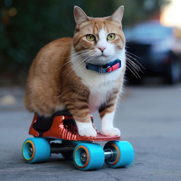 Eine Katze steht auf einem Skateboard mit rot-schwarzem Rad.