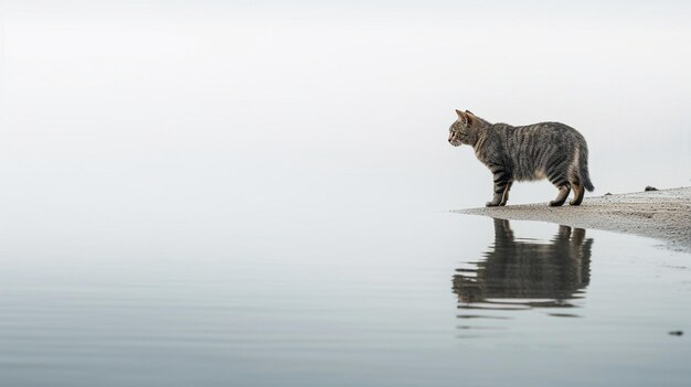 Eine Katze steht auf einem Steg und blickt auf das Wasser.