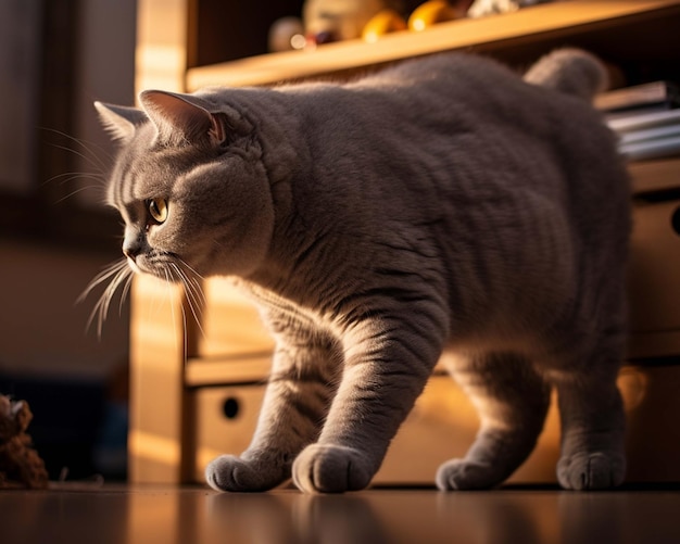 Eine Katze steht auf einem Tisch und schaut nach oben