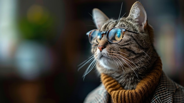 Eine Katze trägt einen Pullover und eine Brille und schaut in die Kamera