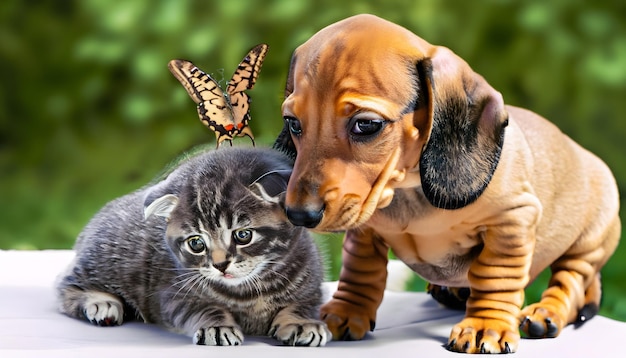 Eine Katze und ein Hund betrachten einen Schmetterling auf einem Hund