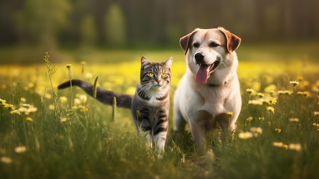 Eine Katze und ein Hund in einer Blumenwiese