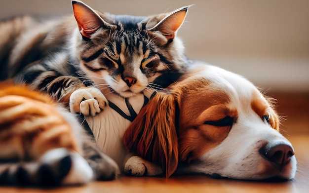 Eine Katze und ein Hund liegen auf dem Boden, einer von ihnen liegt auf dem Boden.