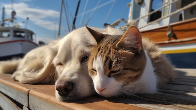 Eine Katze und ein Hund liegen auf einem Boot.