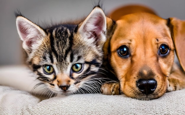 Eine Katze und ein Hund liegen auf einer Couch.