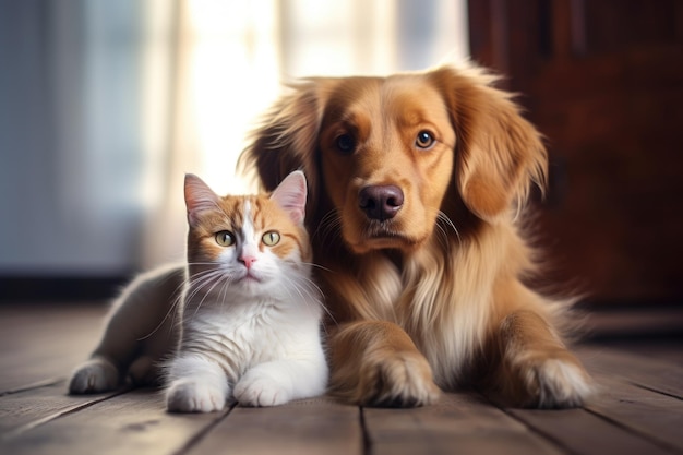 Eine Katze und ein Hund sitzen zusammen auf dem Innenboden. Sie sind entzückende pelzige Begleiter