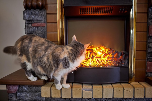 Eine Katze vor dem Kamin.