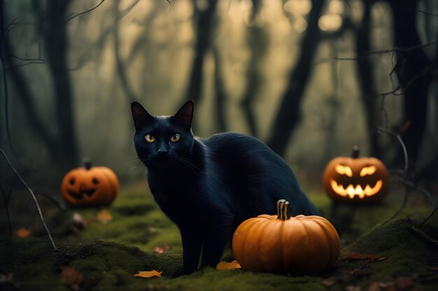 Eine Katze wandert neben Halloween-Kürbissen durch einen Wald