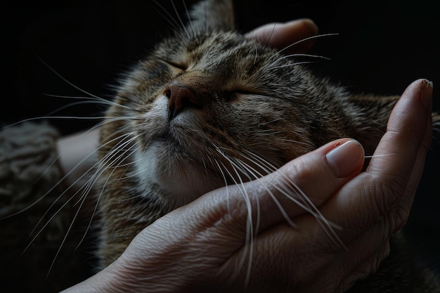 Eine Katze wird von einer Person gestreichelt, deren Schnurrbart berührt wird