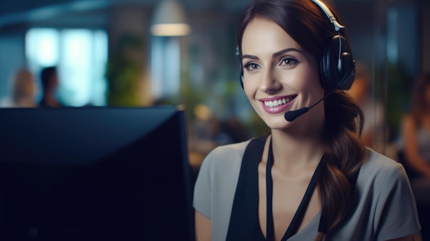 Eine kaukasische Call-Center-Agentin mit Headset arbeitet an der Support-Hotline, die mit generativer KI-Technologie erstellt wurde