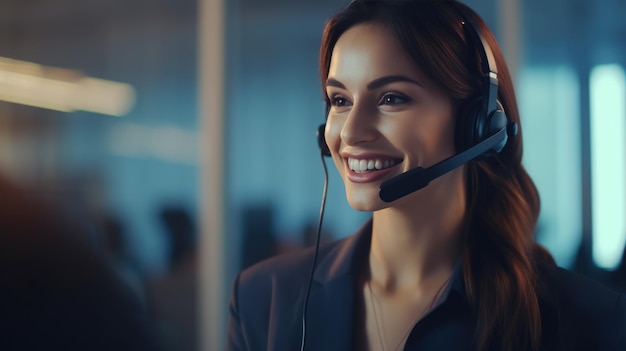 Eine kaukasische Callcenter-Agentin mit Headset arbeitet an der Support-Hotline, die mit generativer KI-Technologie erstellt wurde