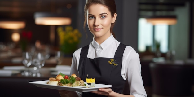 Eine Kellnerin in einer speziellen Uniform steht in einem Restaurant mit einem Gericht Generative KI