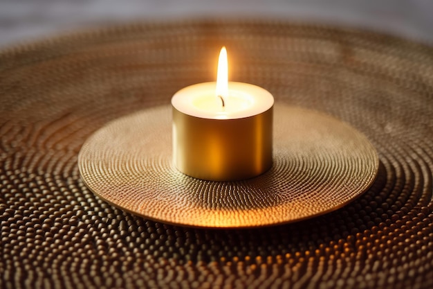 Eine Kerze auf einem runden Teller mit Goldrand und einer brennenden Kerze darauf.
