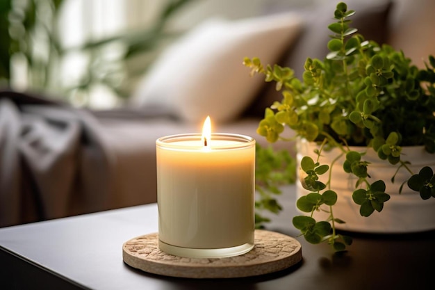 Eine Kerze auf einem Tisch mit einer Pflanze im Hintergrund