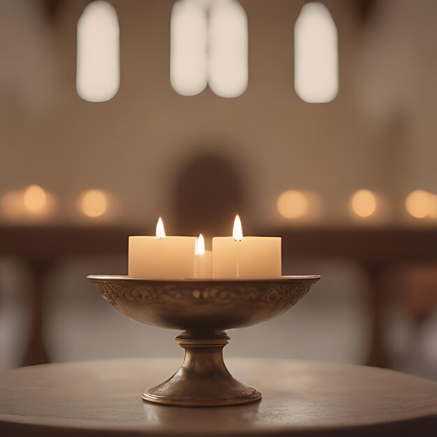 eine Kerze, die vor einer Kirche auf einem Tisch steht