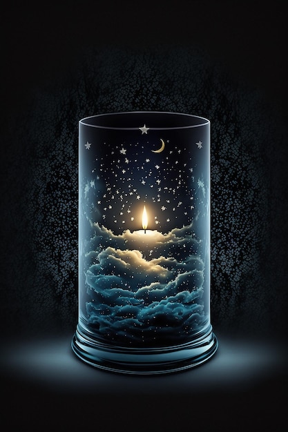 Eine Kerze in einem Glas mit einem Mond und Sternen darauf